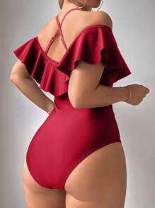 SHEIN Swim 1pc Women's Ruffled Cold-Shoulder Halter One-Piece Swimsuit Red Swimsuit Summer - Red - View 2