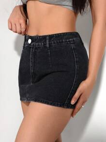 SHEIN PETITE Women Button Decor Bodycon Casual Denim Skirt - Black - View 7
