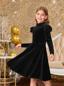 SHEIN Tween Girl Solid Color Velvet Knit Ruffle Trim Long Sleeve Dress, Suitable For Christmas - Black - View 2