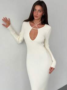 Aloruh Minimalist Deep V-Neck Tie Front Bodycon Long Sleeve Maxi Sweater Dress For Women, Autumn/Winter - Apricot - View 7