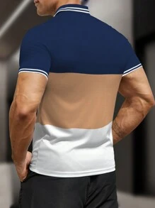 Manfinity Dauomo Cămașă polo casual pentru bărbați, cu dungi cu mânecă scurtă, cu nasturi