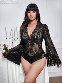 Allurite Bộ đồ liền thân màu đen hở lưng ren cổ chữ V cỡ lớn gợi cảm tay loe gợi cảm dành cho nữ - màu đen - Xem 7