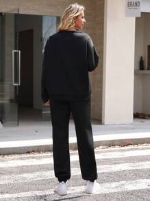 INAWLY 休闲宽松圆领运动衫套装，2 件套 - 黑色 - 查看 2