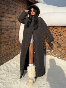 Muchica 女士厚实保暖冬季新款黑色长款可拆卸蓬松连帽羽绒服