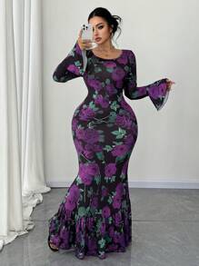 Elenzga Plus Size Women Elegant Flare Hem Digital Print Mermaid Dress Maxi Women Outfit Fall Cloth For Women