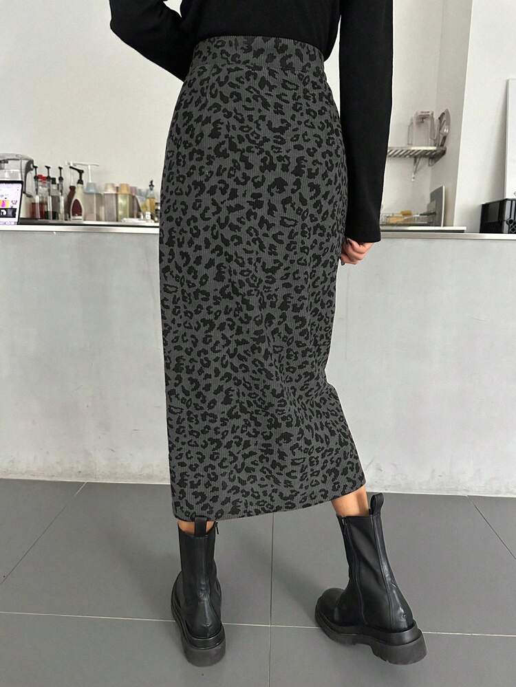 Women Leopard Print Front Split Skirt, Casual For Autumn,Back To School Clothes