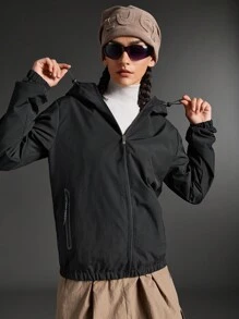 SHEIN Sports Áo khoác ngoài trời có mũ trùm đầu màu trơn đơn giản dành cho nữ - màu đen - Xem 5