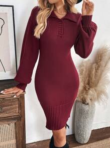 SHEIN LUNE Vestido de suéter corto de manga larga básico de unicolor burdeos, casual para otoño/invierno - Burdeos - Ver 3