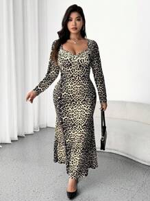Flirla Fashionable & Sexy Leopard Print Long Sleeve Bodycon Square Neck High Waist Back Slit Dress Maxi Women Outfit Fall Cloth For Women - Multicolor - View 4