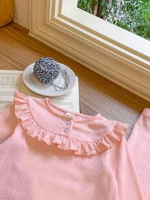 Blossori Young Girls' Elegant French Style Ribbed Pink Ruffle Collar Sweater, Autumn/Winter