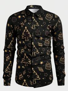 Manfinity AFTRDRK Plus Size Men Digital Print Turn Down Collar Long Sleeve Shirt, Christmas - White - View 1