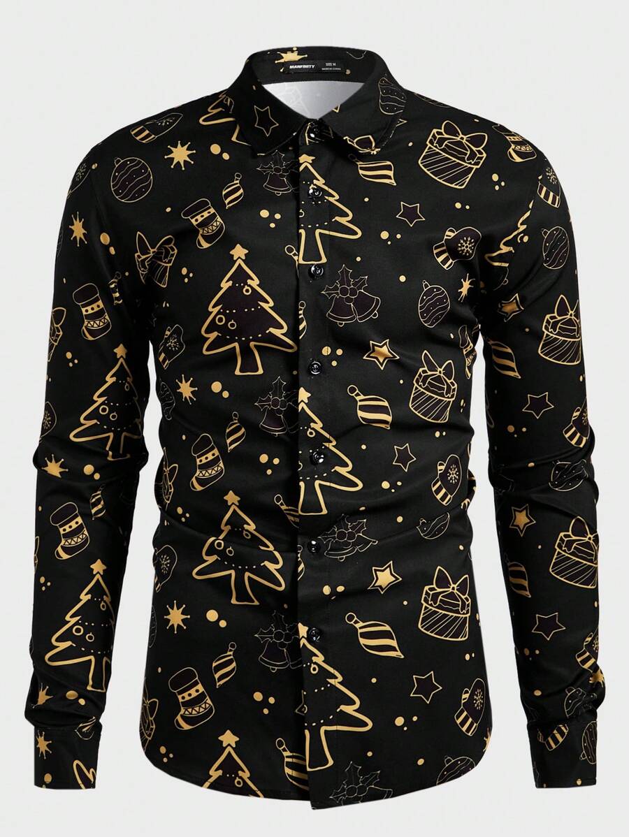 Manfinity AFTRDRK Plus Size Men Digital Print Turn Down Collar Long Sleeve Shirt, Christmas - White - View 1
