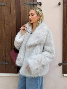 SHEIN EZwear 女士纯色宽松宽翻领蓬松长袖冬季外套 - 杏色 - 查看 5