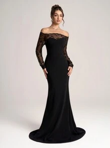 Coutiva 女士优雅黑色撞色蕾丝针织修身腰长袖正式鸡尾酒会礼服、伴娘服、婚礼宾客礼服、晚礼服、长袍 - 黑色 - 查看 5