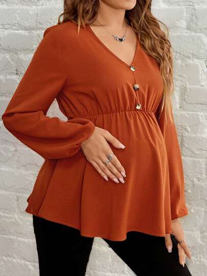SHEIN Maternity Solid V-Neck Lantern Sleeve Button Decor Loose Shirt