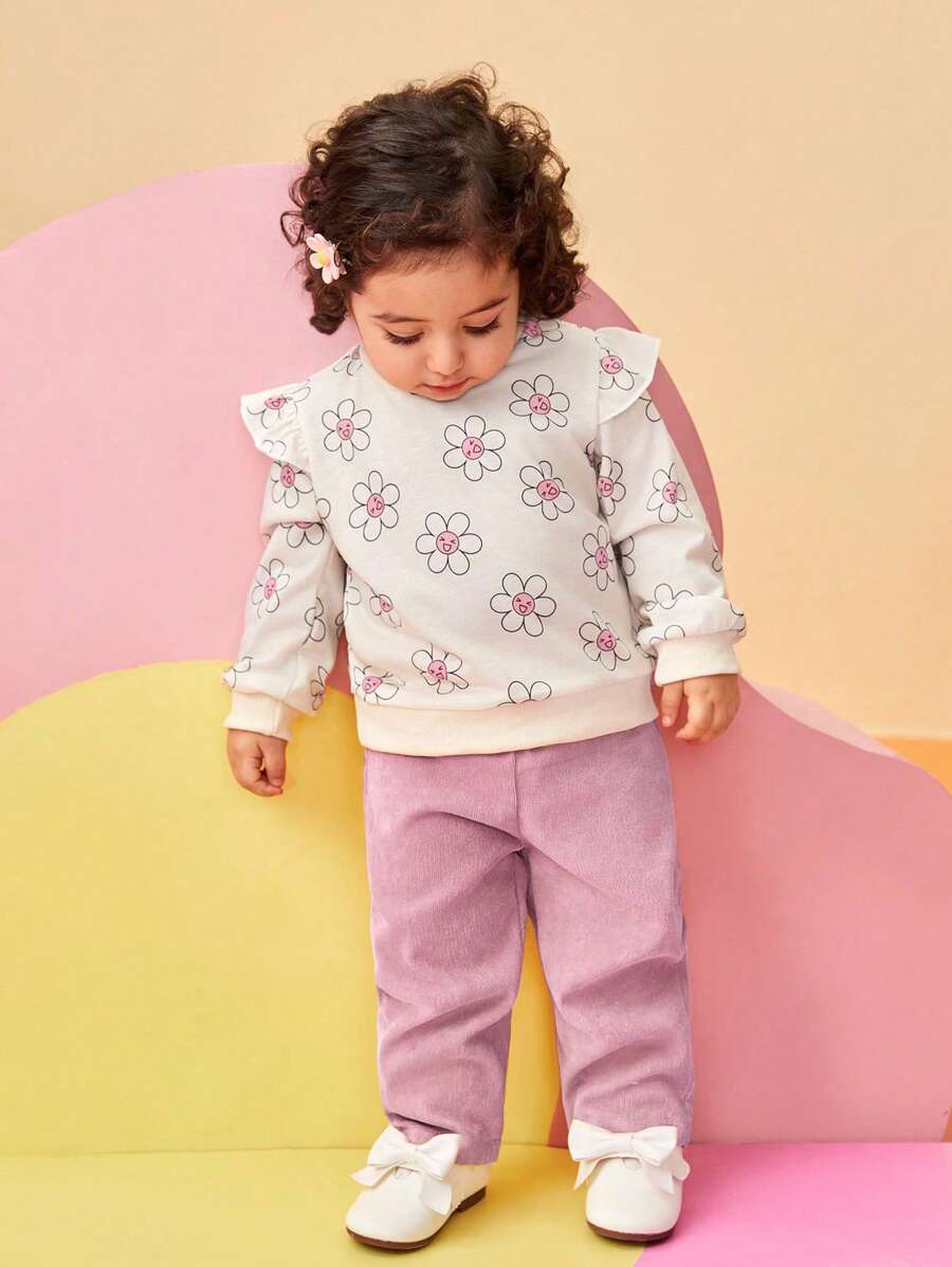 SHEIN Bộ quần ống đứng vải nhung kẻ in hình mặt và hoa cho bé gái mùa thu/đông, thích hợp mặc khi chơi ngoài trời và giải trí - Nhiều màu - Xem 1