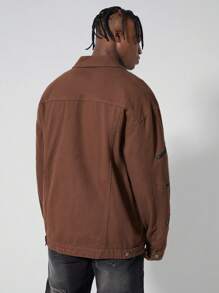 ROMWE MEN Street Life Veste en jean décontractée style rétro et casual ample avec fermeture éclair pour hommes - Tabac - Voir 5