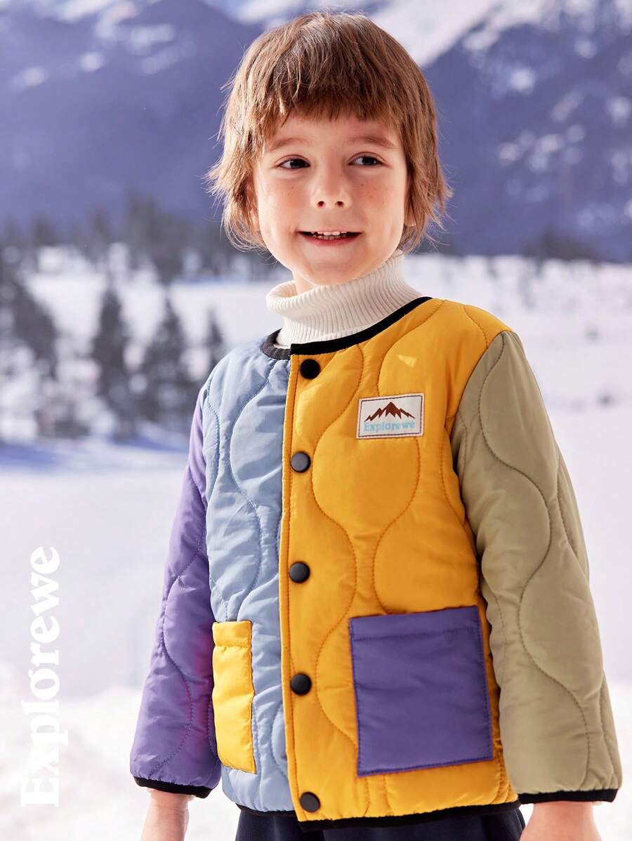 SHEIN 男童拼色贴标边饰棉服