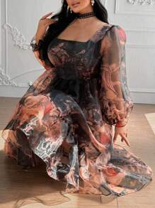 Flirla 加大码优雅油画花卉印花收腰欧根纱连衣裙，秋季长款女装 - 彩色 - 查看 5