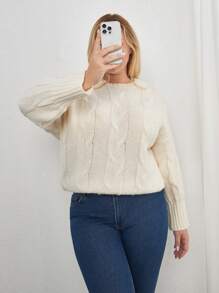 SHEIN Cottnline Áo len dệt kim sợi cáp siêu mềm chất lượng cao cỡ lớn, dành cho mùa đông - Màu be - Xem 1