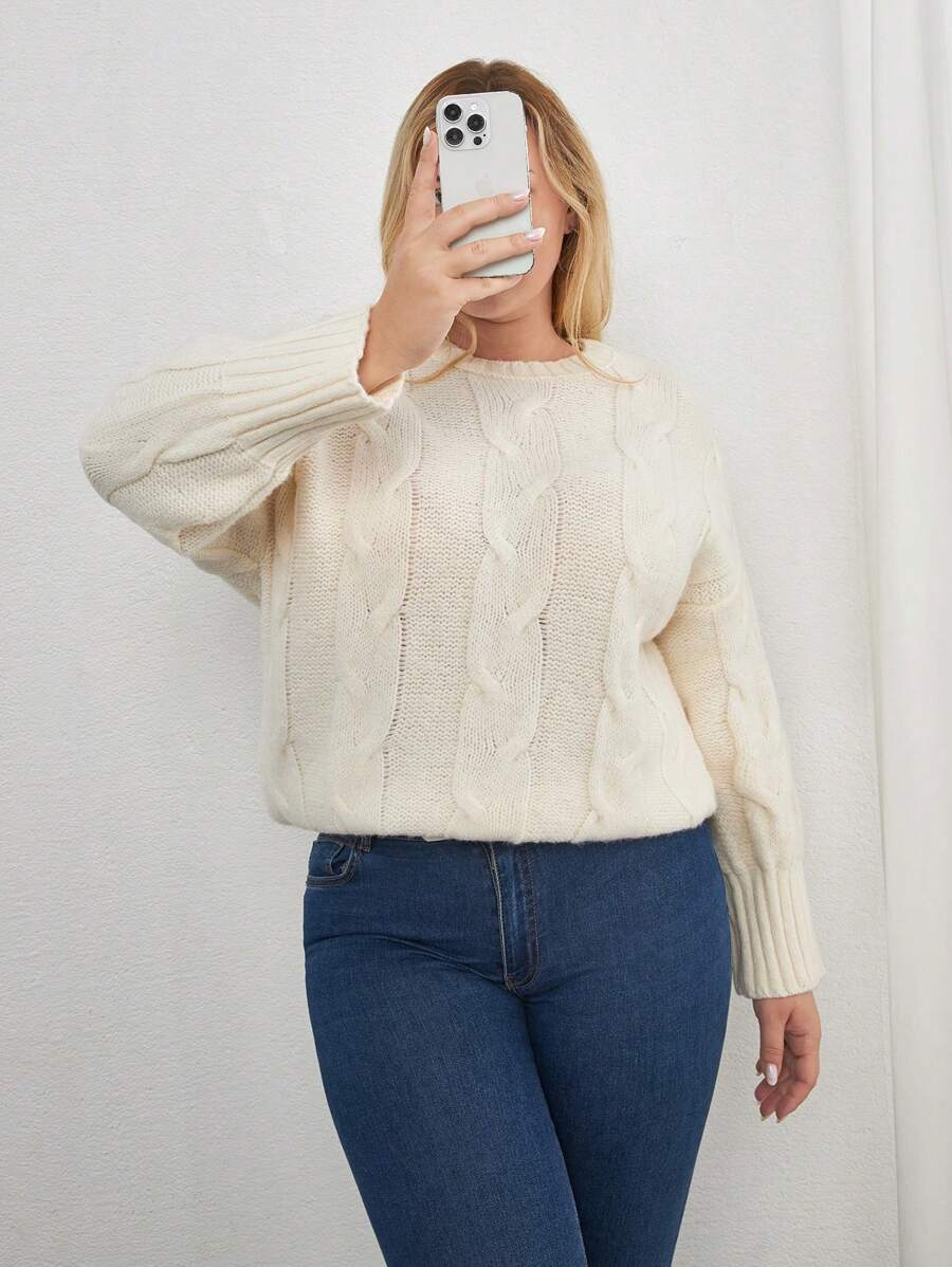 SHEIN Cottnline Áo len dệt kim sợi cáp siêu mềm chất lượng cao cỡ lớn, dành cho mùa đông - Màu be - Xem 1