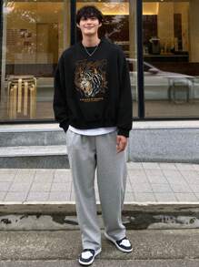 DAZY 男士休闲老虎徽标印花圆领长袖宽松运动衫，秋季 - 黑色 - 查看 6