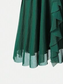 SHEIN 少女露肩吊带网眼荷叶边优雅针织连衣裙 - 軍綠色 - 查看 4