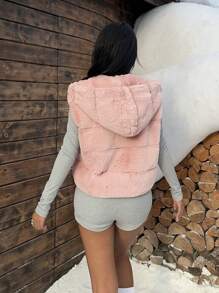 SHEIN EZwear Women's Pink Hooded Sleeveless Fluffy Jacket - Pink - View 2