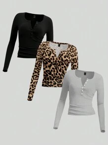 SHEIN EZwear Bộ 3 áo len họa tiết da báo, phù hợp cho phụ nữ ngoại cỡ vào mùa thu/đông - Nhiều màu - Xem 1
