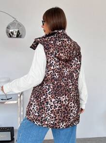 SHEIN EZwear Áo khoác trùm đầu không tay có đệm họa tiết da báo cỡ lớn, mùa thu/đông - màu nâu - Xem 2