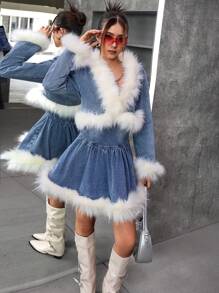 SHEIN 少女Y2K蓝色牛仔白毛领外套，秋冬季，酷炫/少女感恩节，秋冬 - 深色水洗藍 - 查看 5