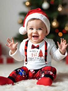 SHEIN 3pcs/Set Baby Boy Cute Bow Tie Bodysuit + Allover Print Pants + Hat Fashion Gentleman Outfit Set, For Christmas - Multicolor - View 8
