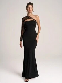 SHEIN Belle Women's Elegant Lace Patchwork Asymmetric Neckline Fishtail Formal Evening Gown, Black Long Sleeve Prom Dress, For Wedding Guest, Graduation, Dinner
