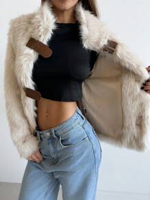 Aloruh Women Stand Collar Fitted Long Sleeve Fluffy Button Apricot Jacket, Warm For Autumn/Winter - Apricot - View 4