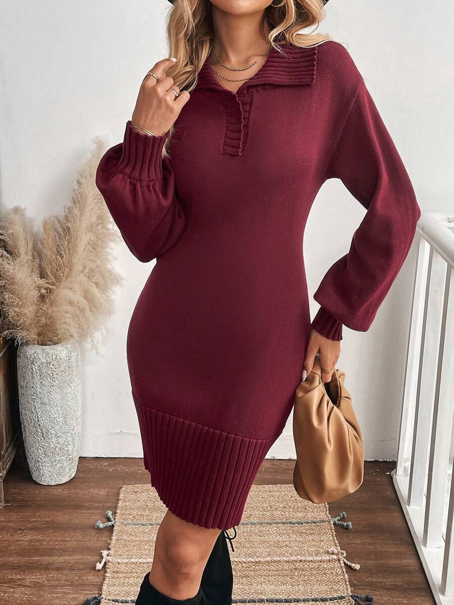 SHEIN LUNE Vestido de suéter corto de manga larga básico de unicolor burdeos, casual para otoño/invierno - Burdeos - Ver 1