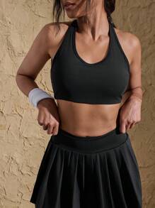 VARSITIE Backless Adjustable Pleated Skirt With Hook Fastening Women Sports Sets - Black - View 5