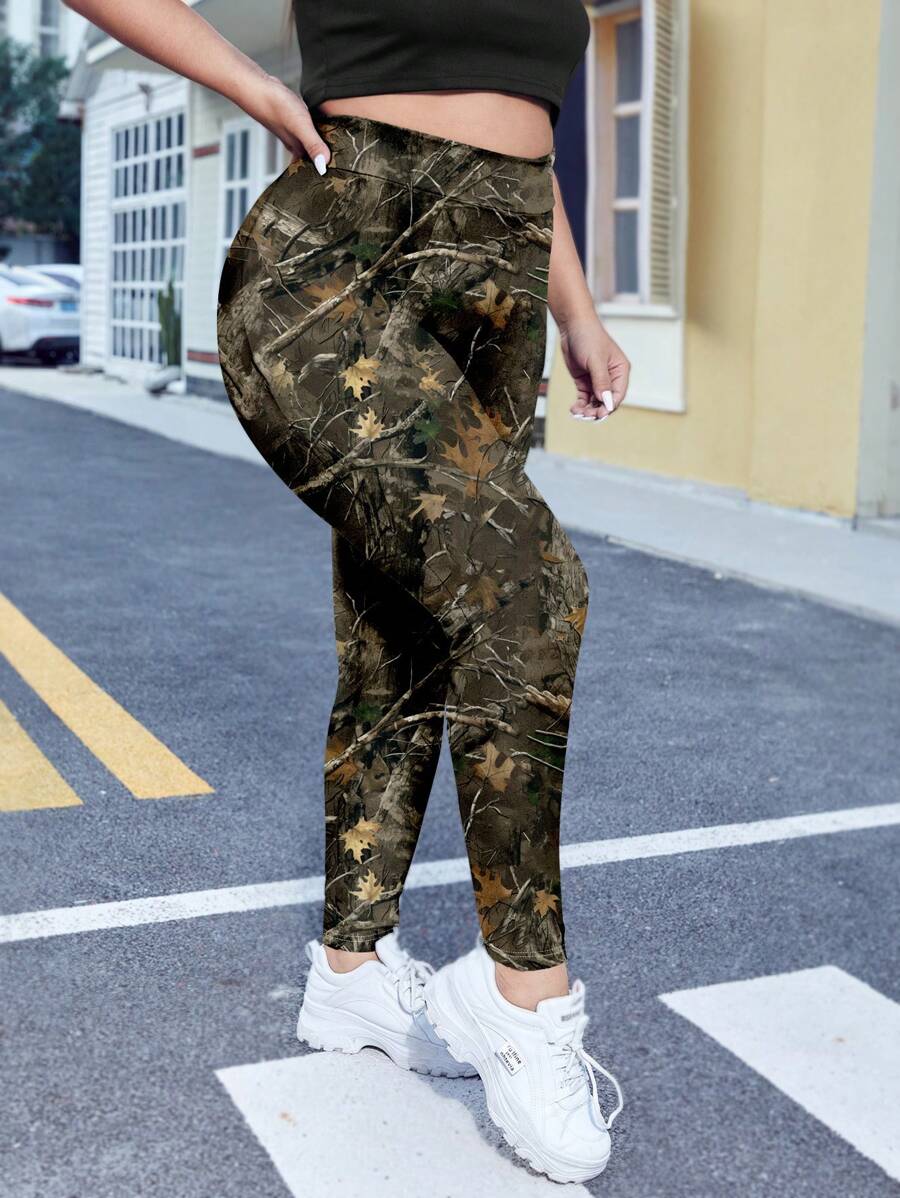 SHEIN EZwear 大码女式休闲简约全印花植物枝条打底裤，春秋季紧身裤 - 白色 - 查看 1