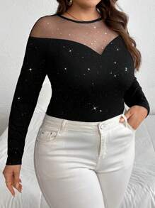 SHEIN Privé Blusa de manga larga con paneles de lentejuelas y malla para tallas grandes, elegante para fiestas, meriendas, citas, conciertos - Año Nuevo, días festivos, oficina, glamorosa