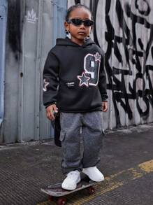 Matching Family Outfit - Young Boys Casual Sports Street Number Star Planet Hooded Black Sweatshirt, Suitable For Street-Style, Father-Son, And Siblings - Black - View 7