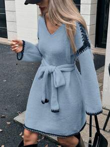 Calvaya 1pc Women's Two Tone Edge Loose Deep V Neck Drop Shoulder With Belt Dress, Autumn/Winter
