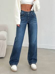 EURMUSE Pantalón vaquero recto con cintura baja y banda elástica - Azul lavado medio - Ver 6