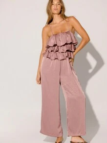 Aralina Soft Pink Flowy Wide Leg Ruffle Tiered Jumpsuit - Baby Pink - View 10