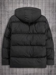 RueChic Men Basics FW Letter Printed Hooded 2 Pockets Regular Padded Coat - Black - View 2