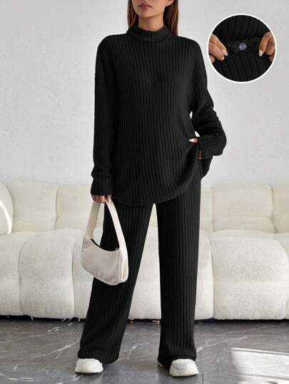 SHEIN Maternity Mock Neck Drop Shoulder Tee & Adjustable Waist Pants, For Winter