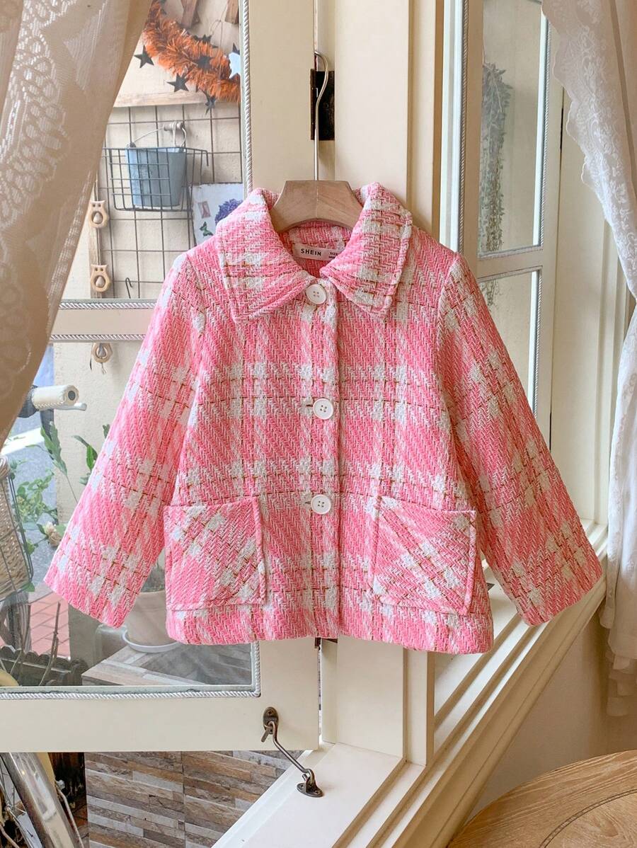 Blossori Young Girls French Elegant Pink Plaid Woven Loose Front Button Down Collar Coat, Autumn/Winter - Pink - View 1