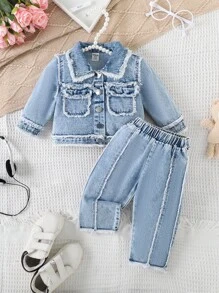 SHEIN 2 件装女婴休闲时尚拼布流苏边长袖夹克和裤子套装，春季和秋季 - 藍色 - 查看 3