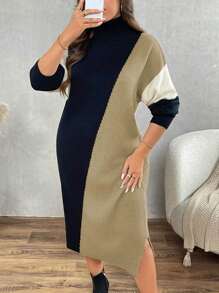Calvaya 大码女式休闲高领落肩宽松拼色毛衣连衣裙，秋冬，不含腰带 - 彩色 - 查看 5