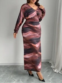 SHEIN Privé Đầm dài tay cổ chữ V nhún eo tôn dáng cho nữ cỡ lớn in họa tiết phong cảnh chuyển màu tông đất, phù hợp cho tiệc đuôi cá, hẹn hò ăn tối, ngày lễ, năm mới, tiệc tùng, váy công sở thanh lịch - Nhiều màu - Xem 6