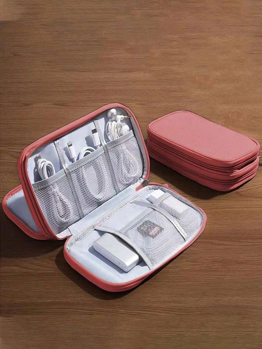 1pc Waterproof Electronic Storage Bag, Multi-Layer Fixed Storage Bag, Multi-Zipper Travel Portable Storage Bag - Perfect For U Disks, Hard Disks, Headphones, Boho Vibes - Dusty Pink - View 1