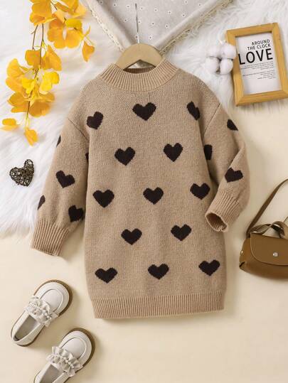 Young Girl Heart Print Round Neck Cute Long Sleeve Casual Dress, Autumn/Winter